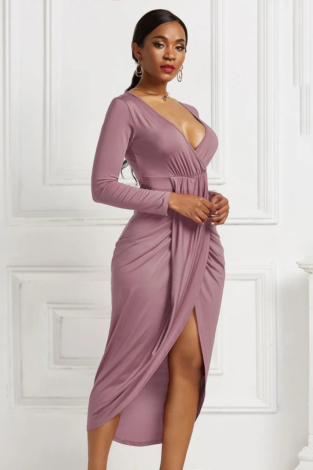 High - low Ruched Surplice Long Sleeve Dress