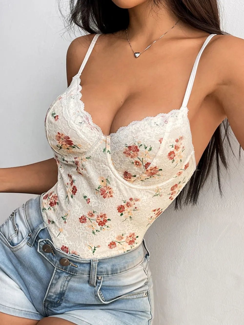 Lace Detail Crisscross Back Spaghetti Strap Bodysuit