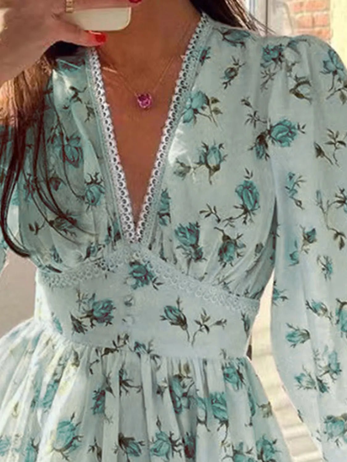Lace Detail V - Neck Balloon Sleeve Dress
