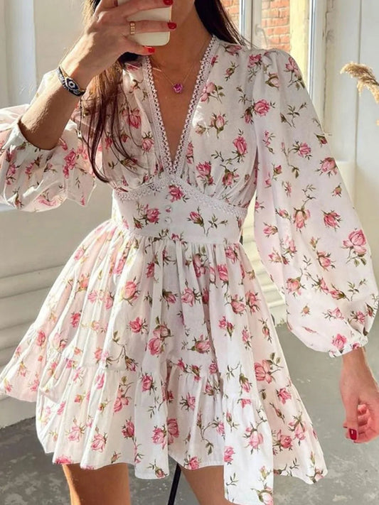 Lace Detail V - Neck Balloon Sleeve Dress