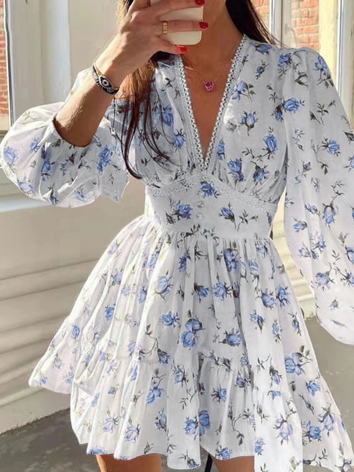 Lace Detail V - Neck Balloon Sleeve Dress