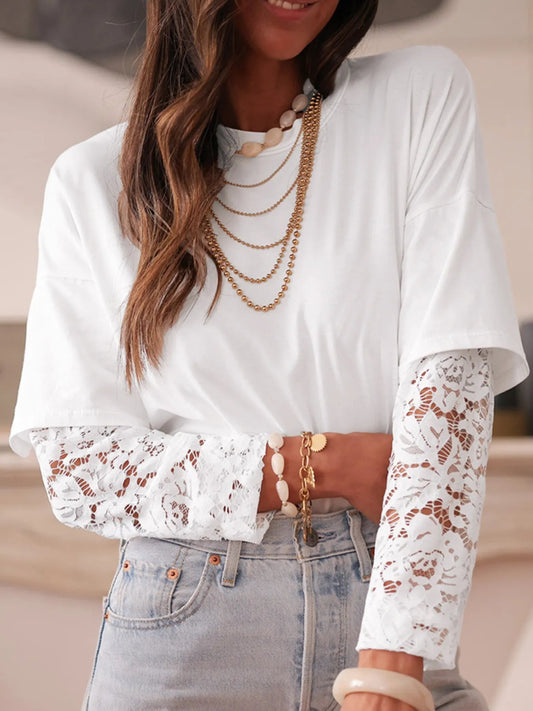 Lace Long Sleeve Insert Drop Shoulder Tee