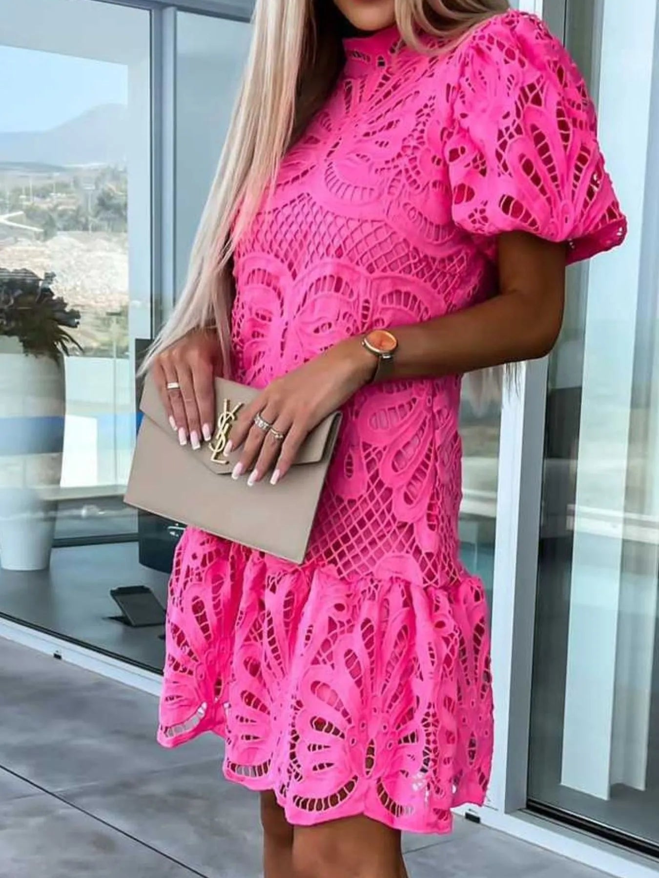 Lace Mock Neck Puff Sleeve Dress