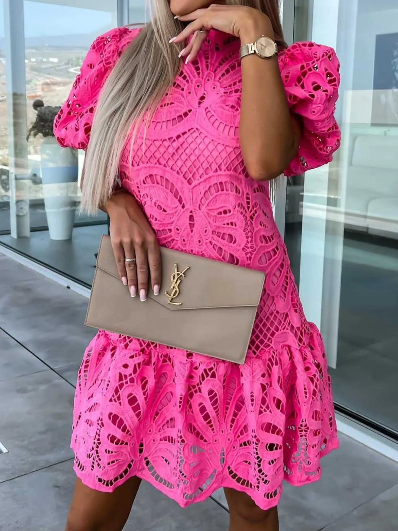Lace Mock Neck Puff Sleeve Dress