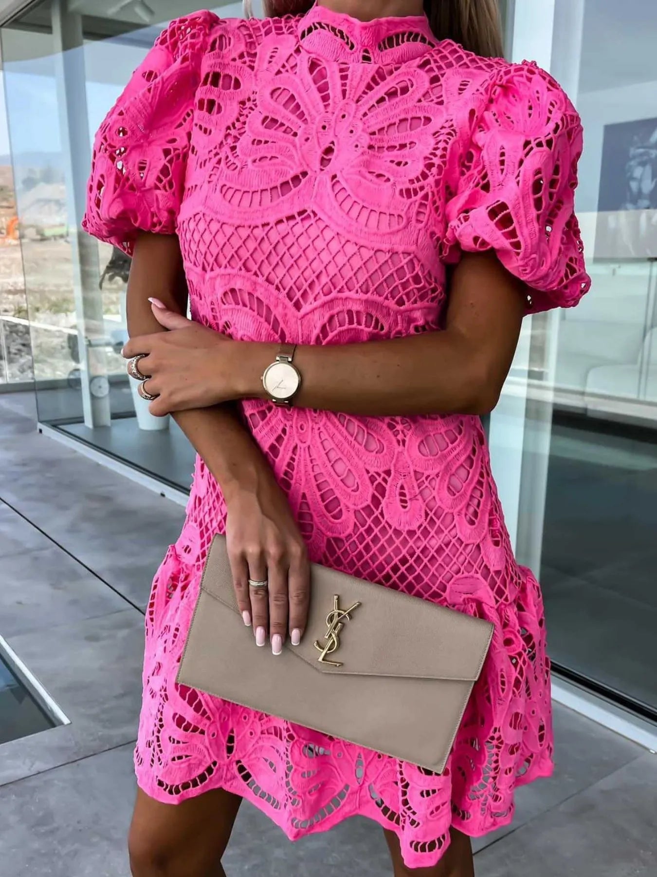 Lace Mock Neck Puff Sleeve Dress