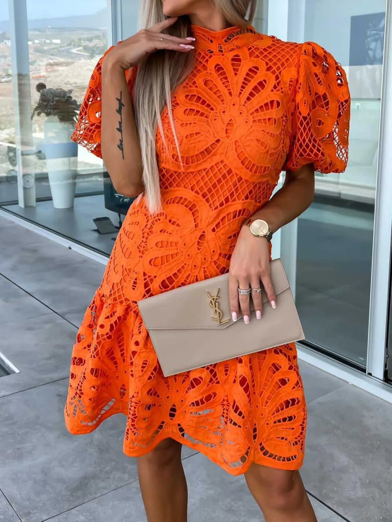 Lace Mock Neck Puff Sleeve Dress