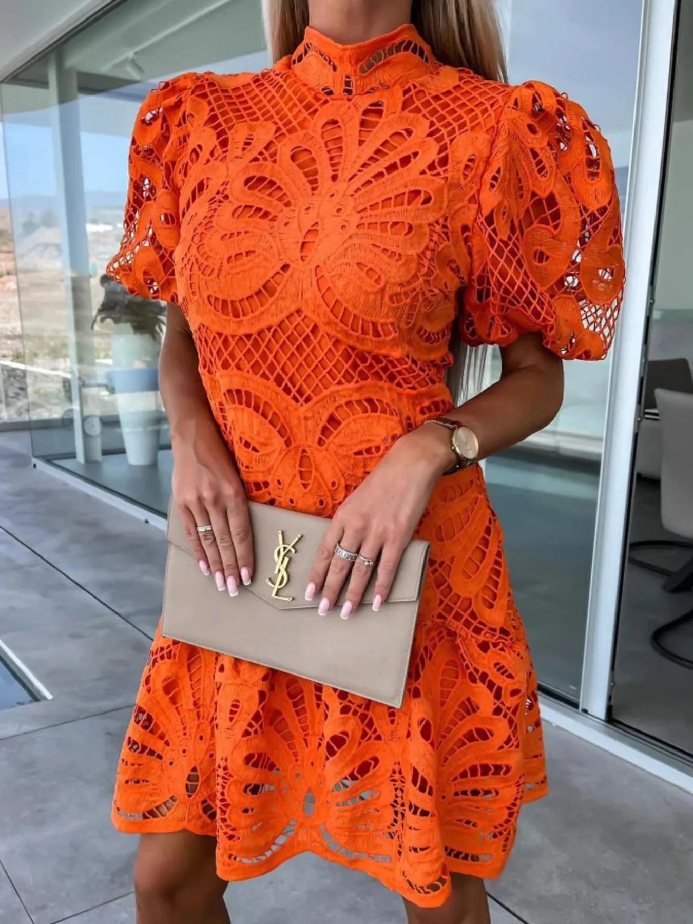Lace Mock Neck Puff Sleeve Dress