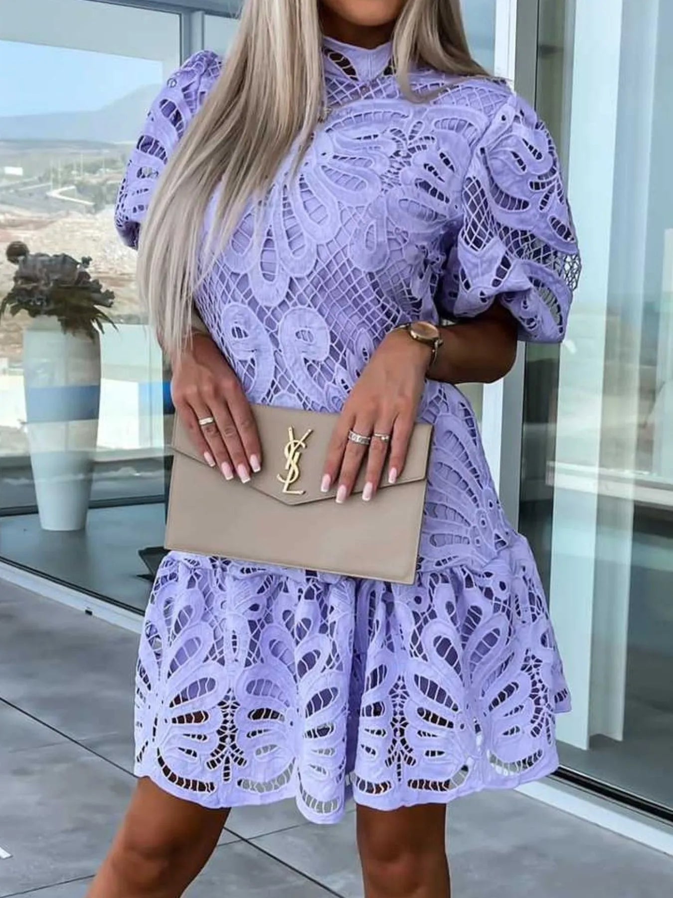 Lace Mock Neck Puff Sleeve Dress