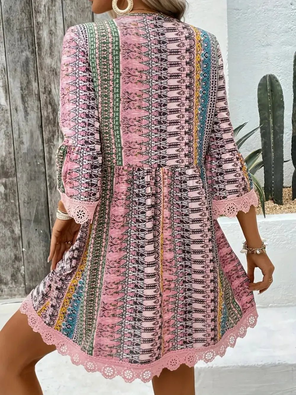 Lace Trim Printed V - Neck 3/4 Sleeve Dress
