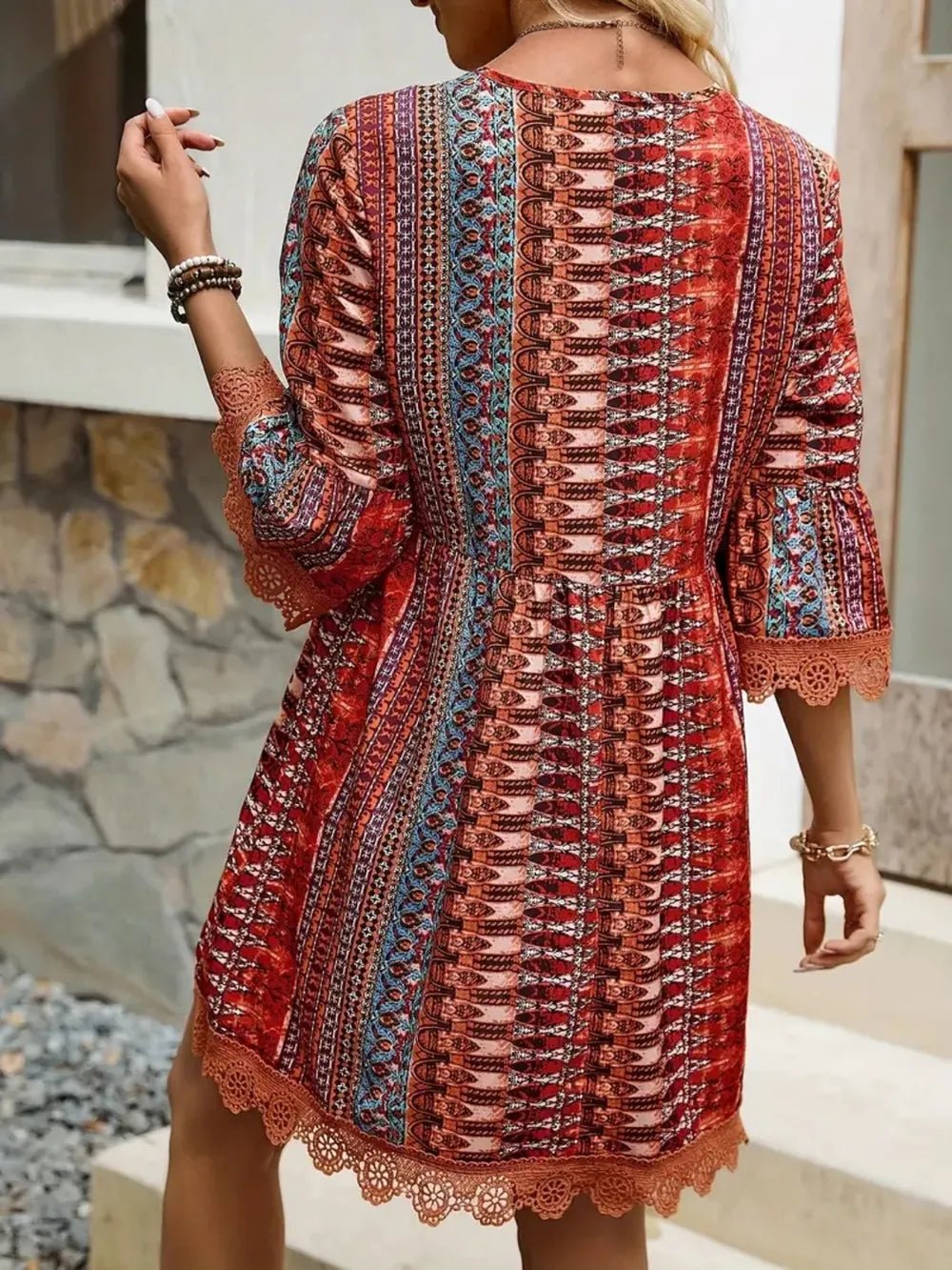 Lace Trim Printed V - Neck 3/4 Sleeve Dress