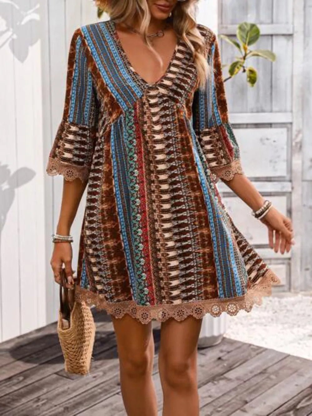 Lace Trim Printed V - Neck 3/4 Sleeve Dress
