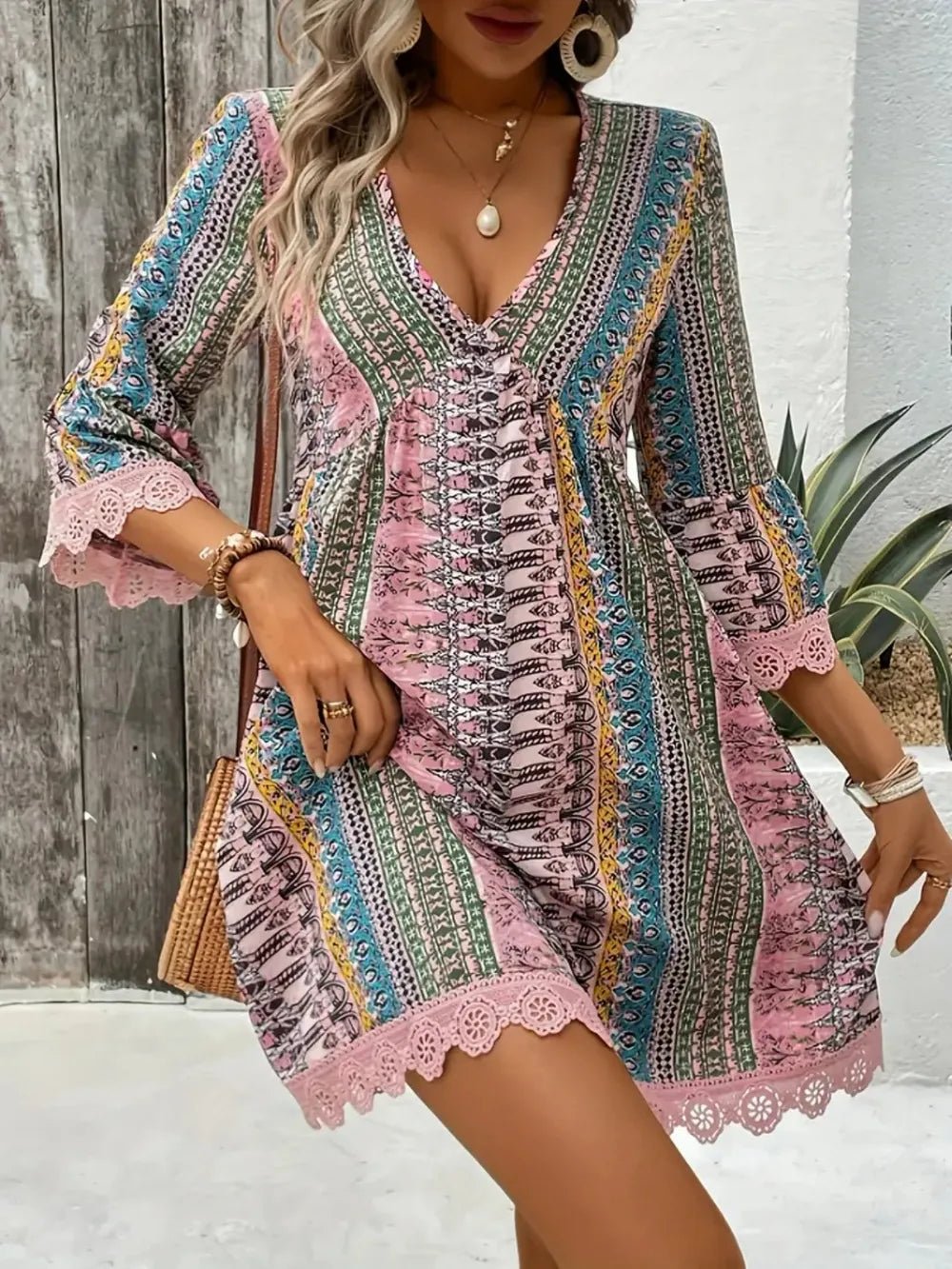 Lace Trim Printed V - Neck 3/4 Sleeve Dress