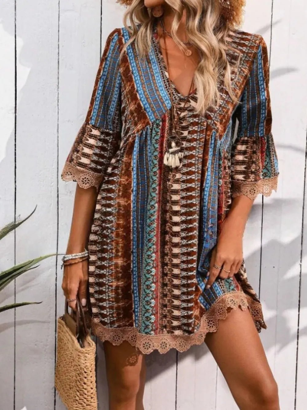 Lace Trim Printed V - Neck 3/4 Sleeve Dress