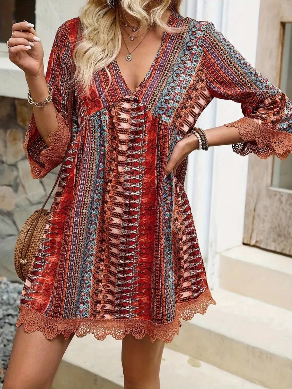 Lace Trim Printed V - Neck 3/4 Sleeve Dress