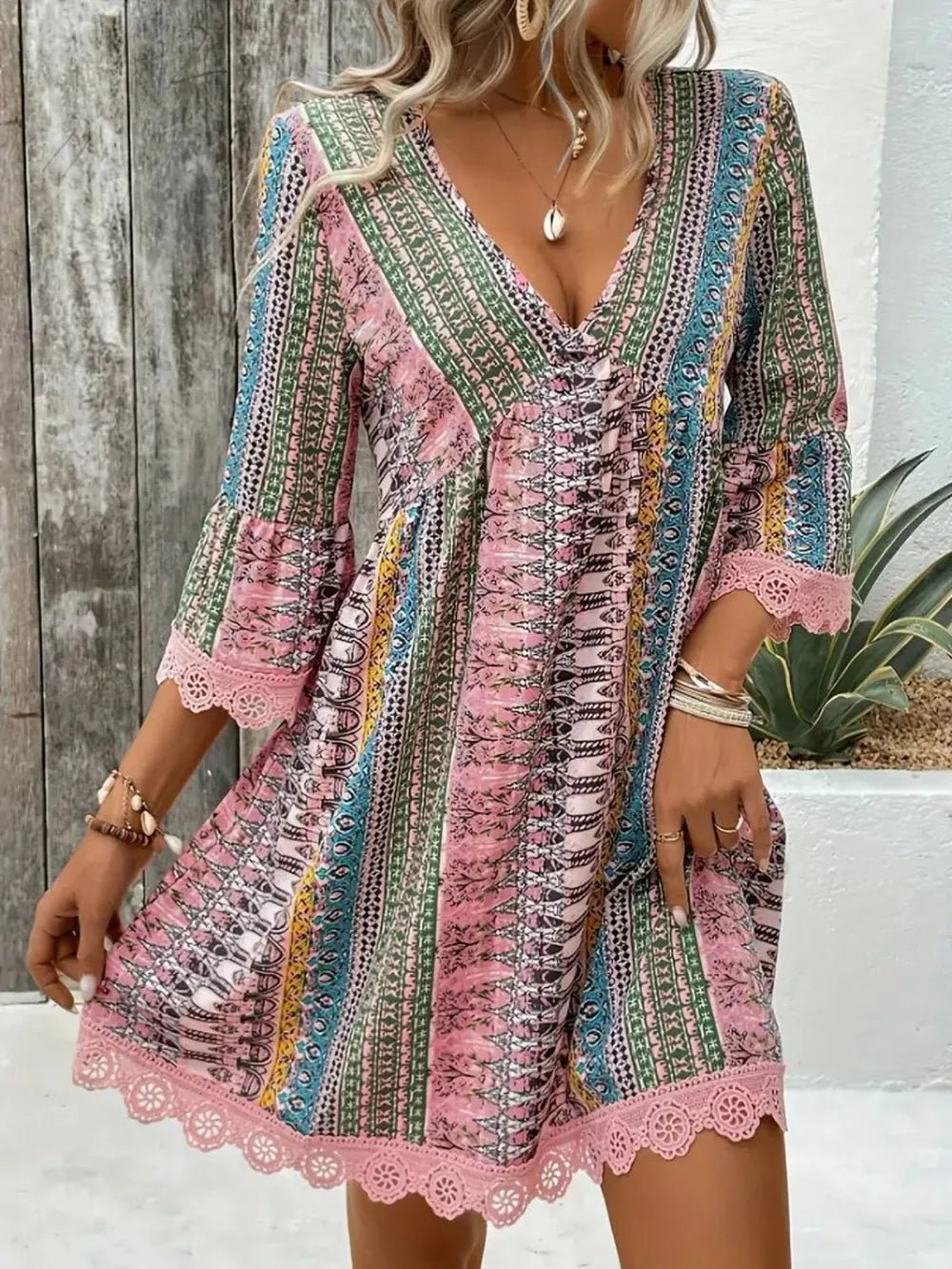 Lace Trim Printed V - Neck 3/4 Sleeve Dress
