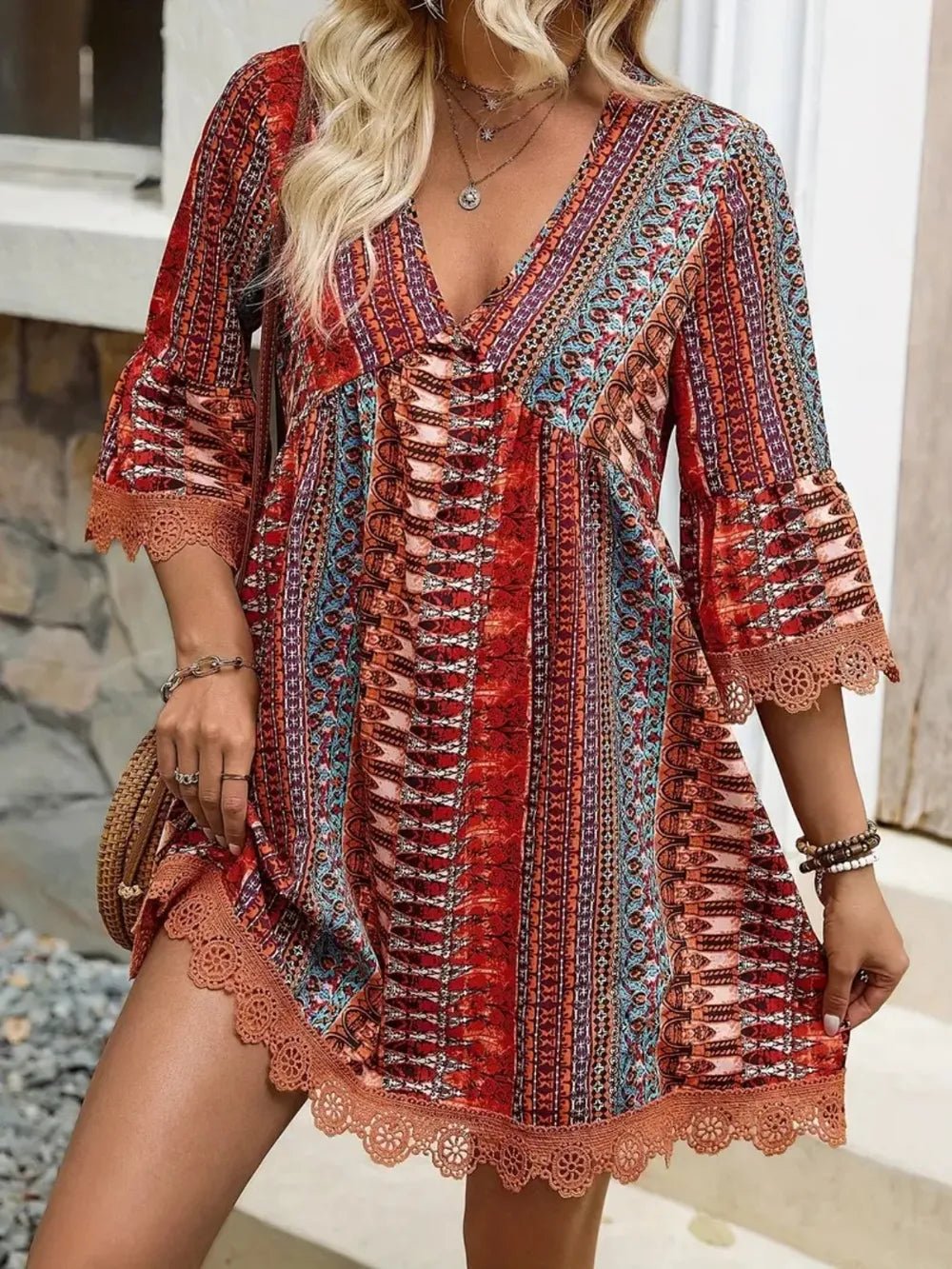 Lace Trim Printed V - Neck 3/4 Sleeve Dress