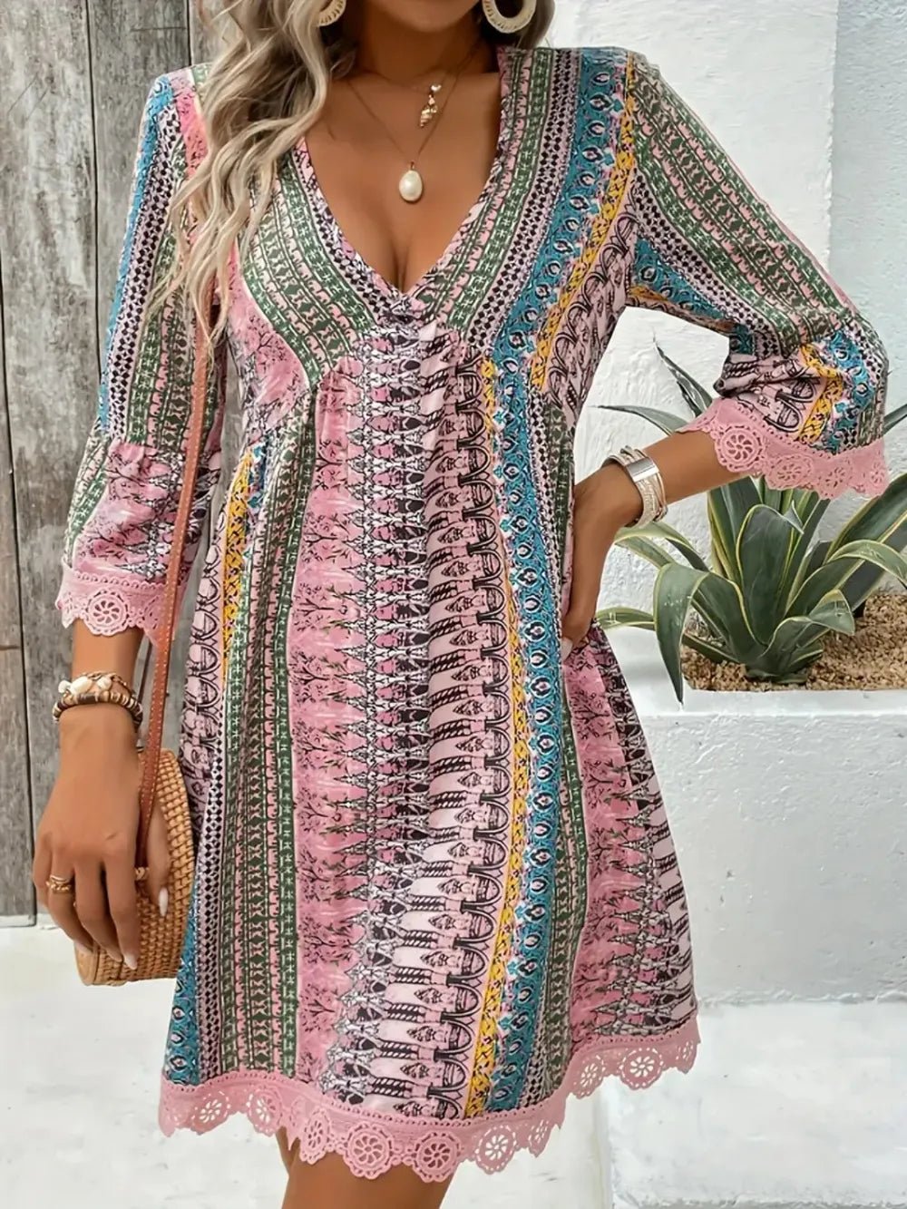 Lace Trim Printed V - Neck 3/4 Sleeve Dress