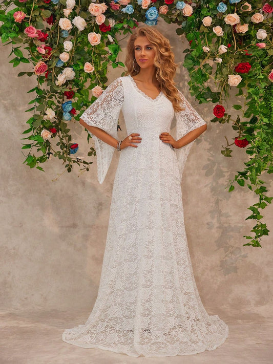 Lace V - Neck Floor length Dress