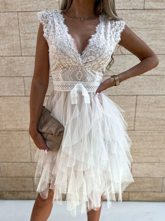 Lace V - Neck Ruffle Dress