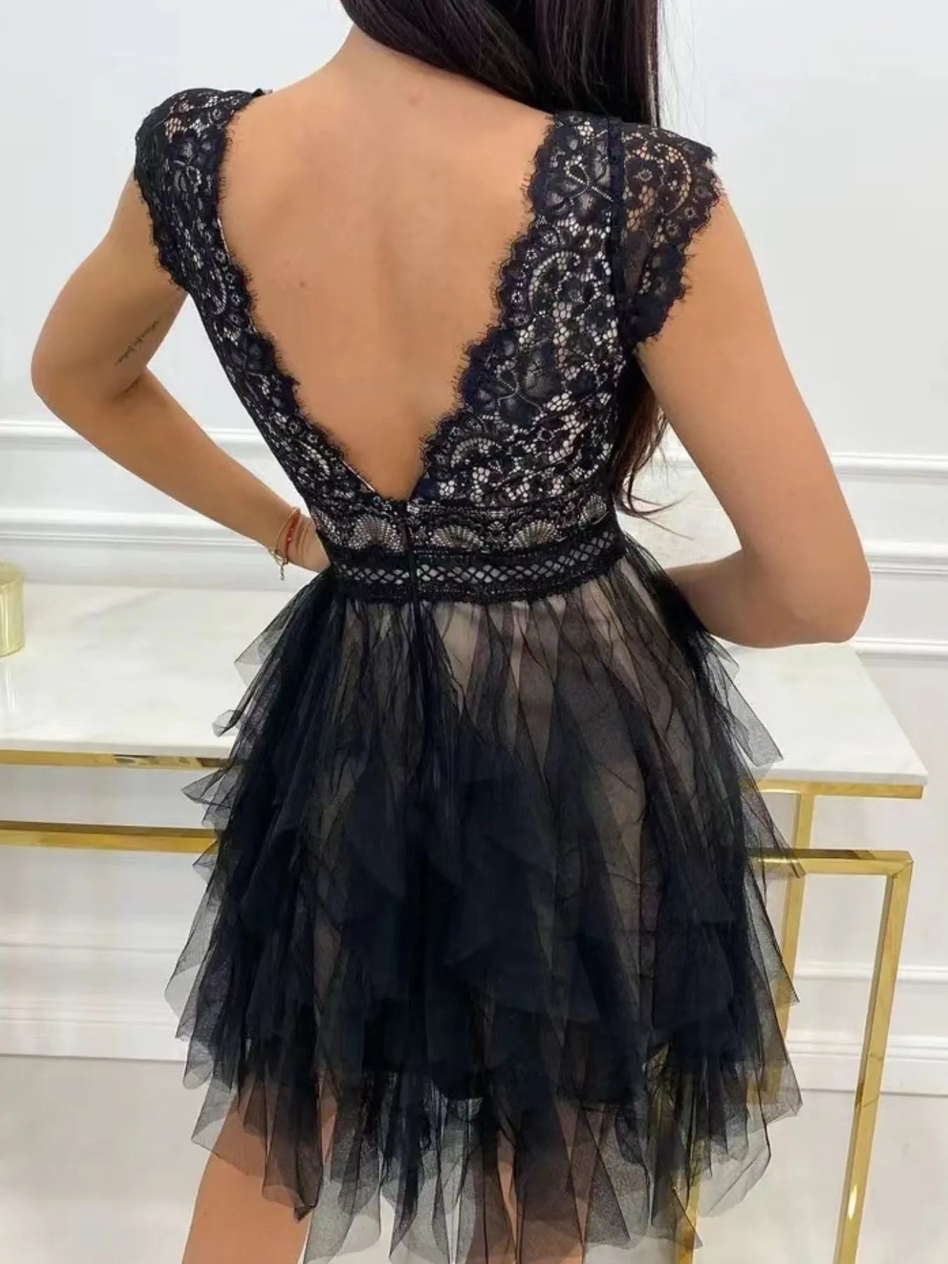 Lace V - Neck Ruffle Dress
