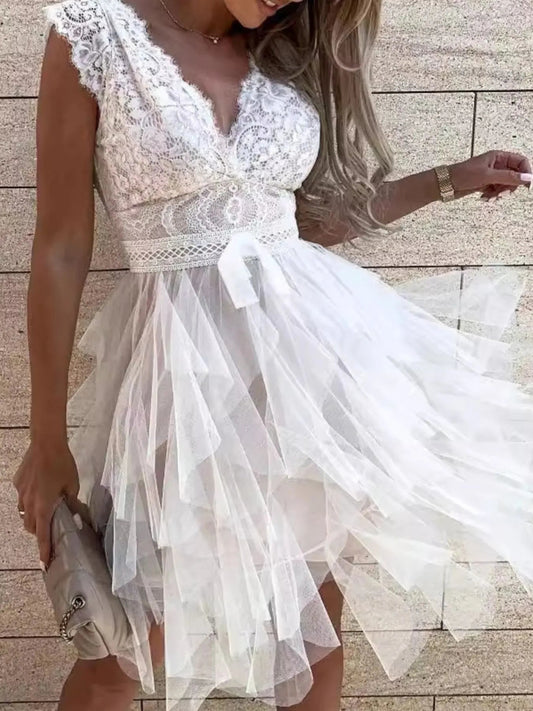 Lace V - Neck Ruffle Dress