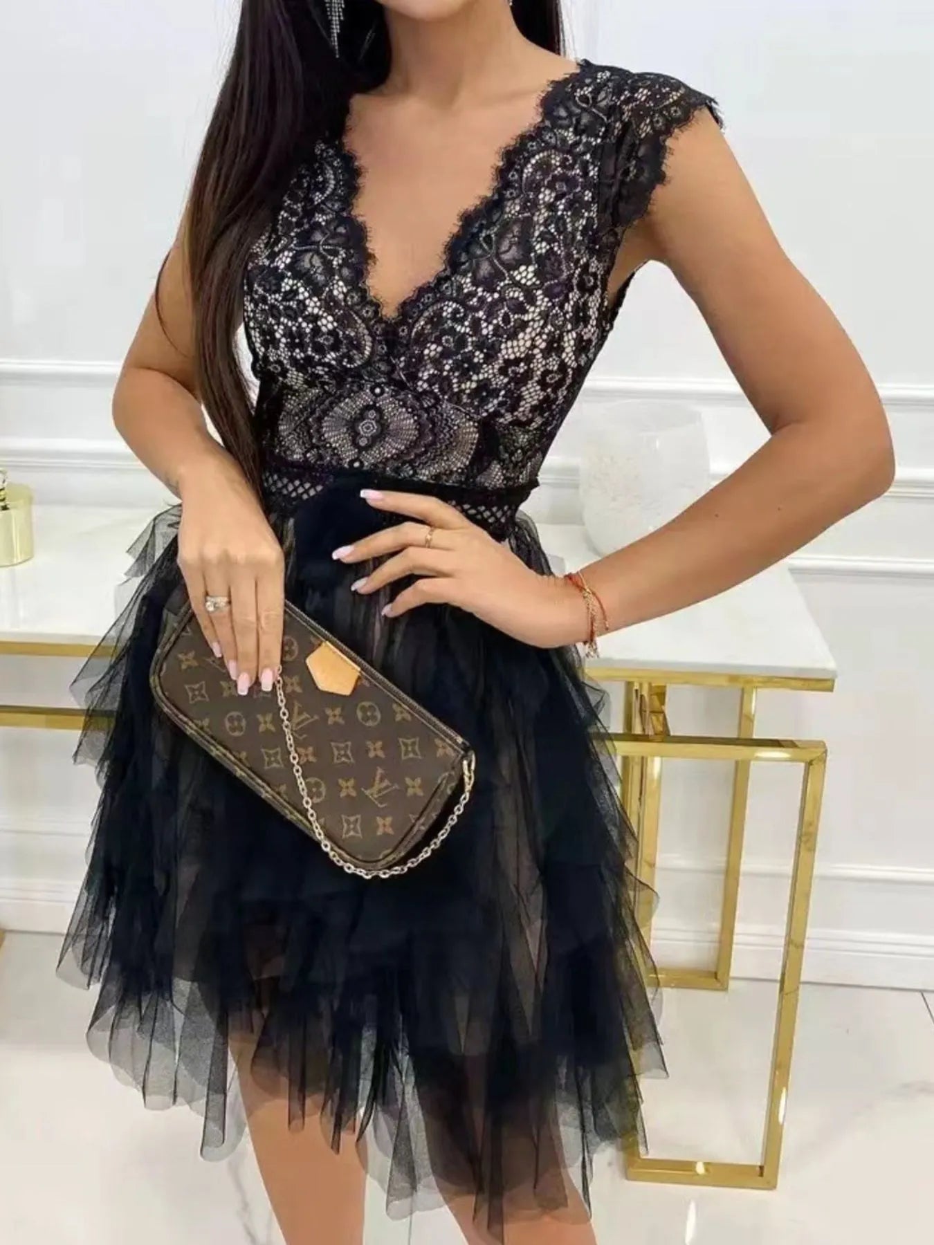 Lace V - Neck Ruffle Dress