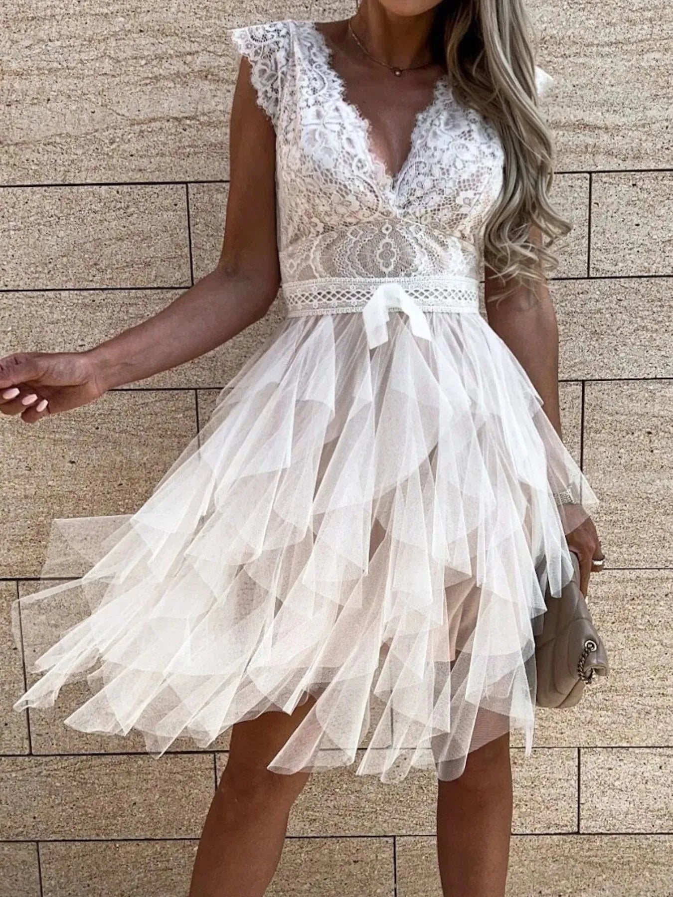 Lace V - Neck Ruffle Dress