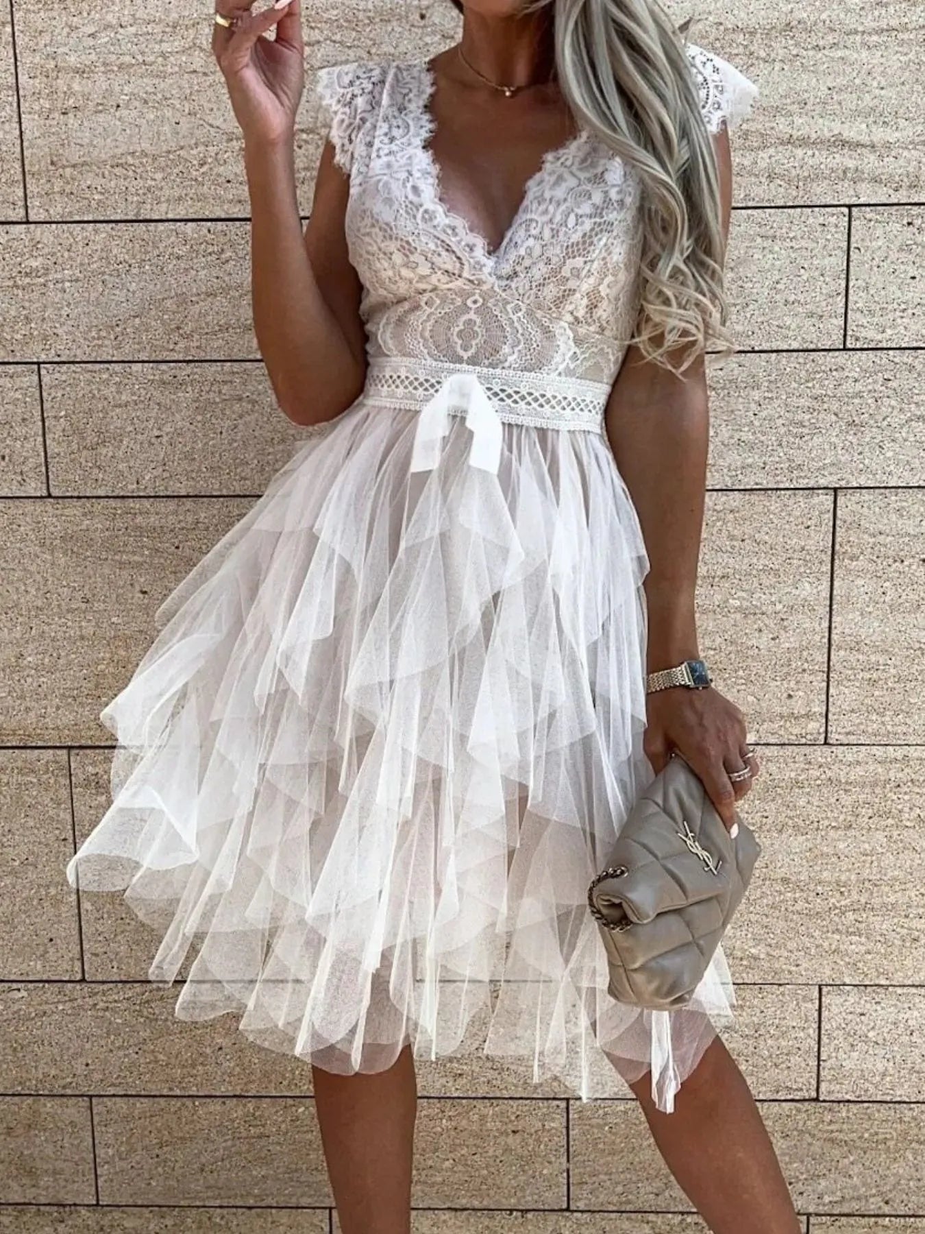 Lace V - Neck Ruffle Dress