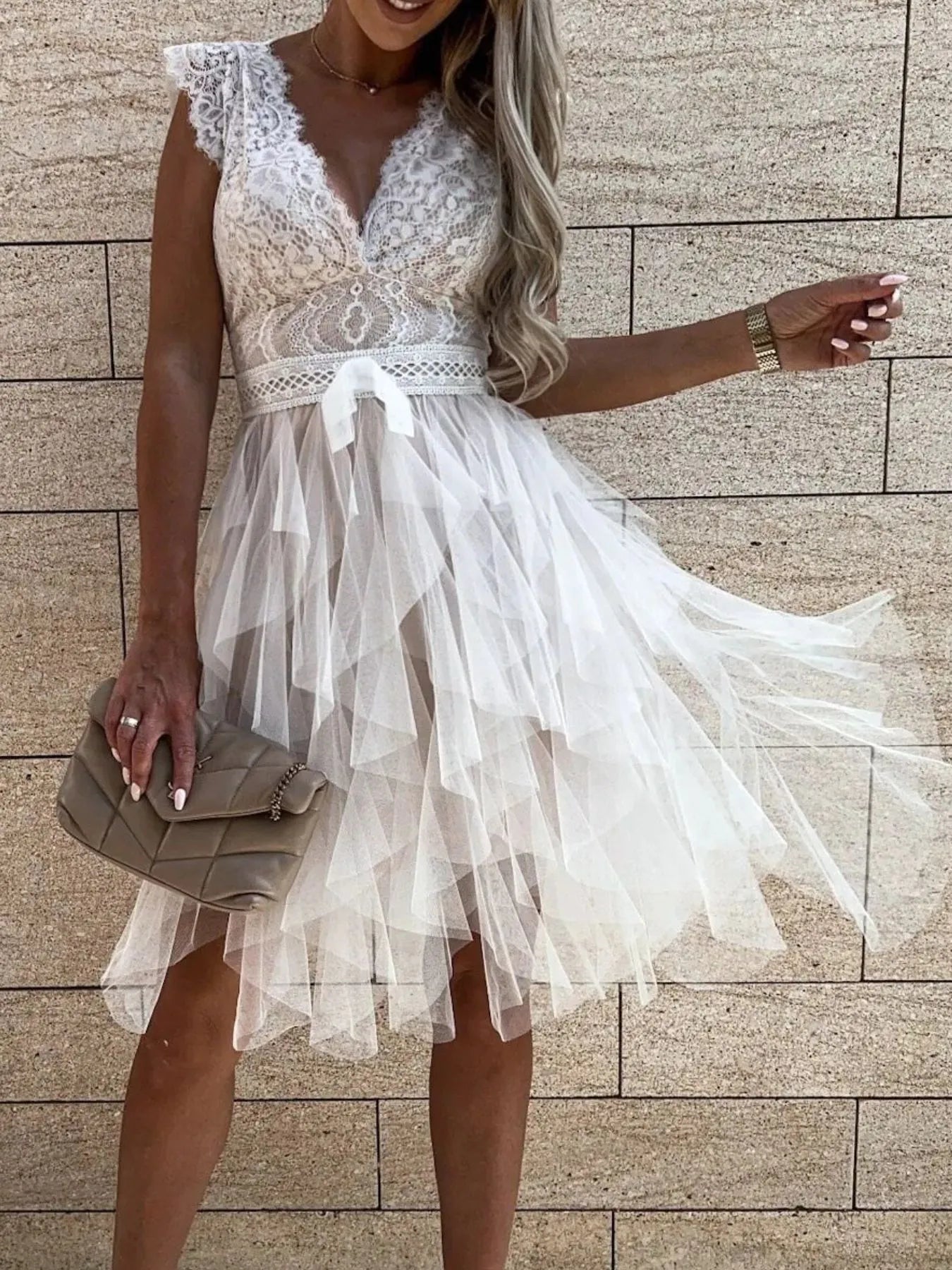 Lace V - Neck Ruffle Dress