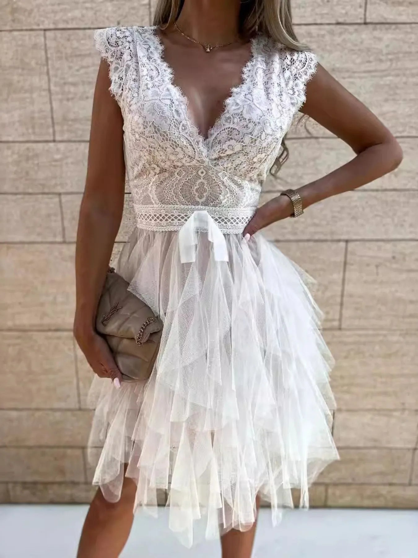 Lace V - Neck Ruffle Dress
