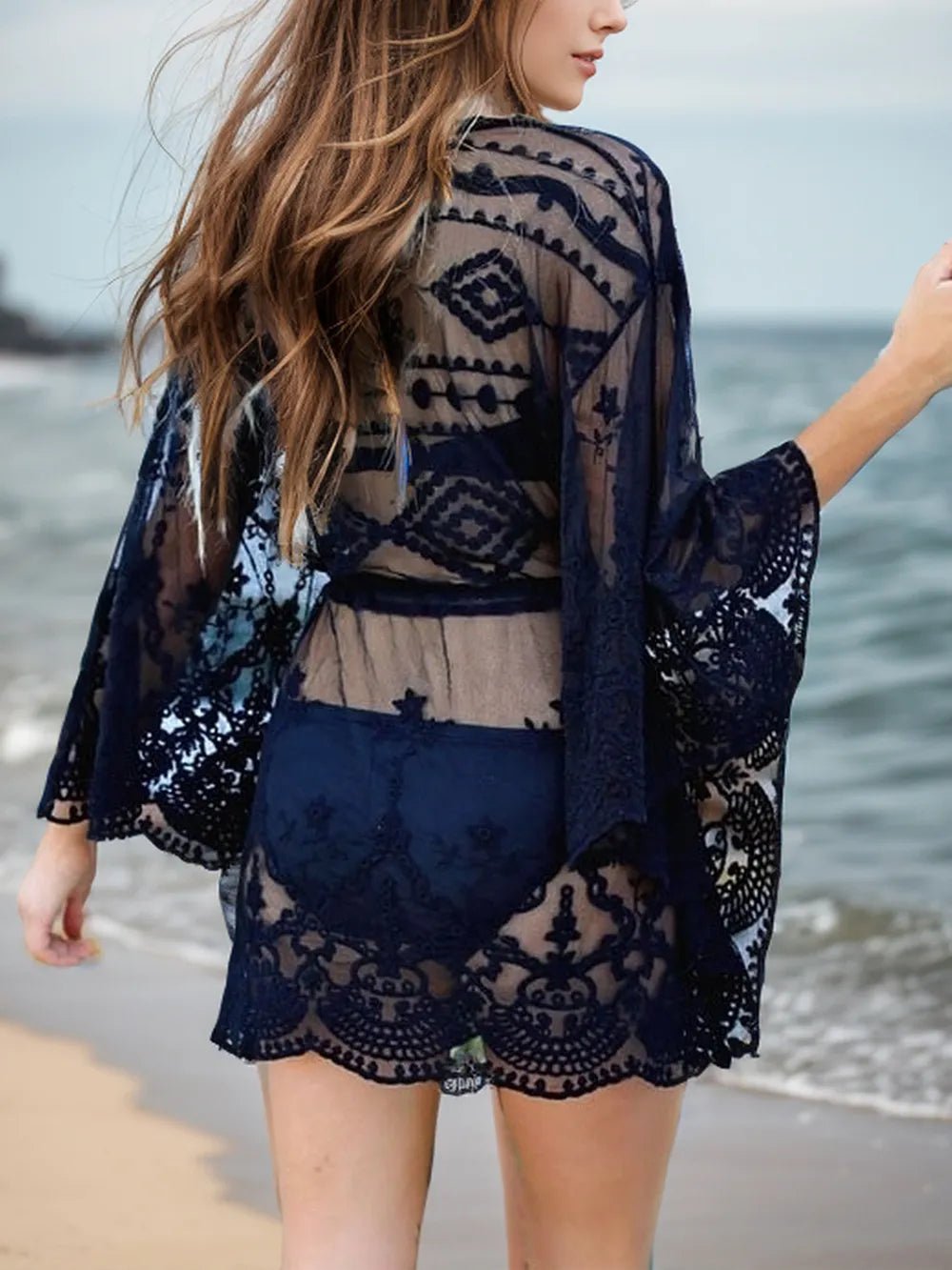 Lace V - Neck Three - Quarter Sleeve Cover Up