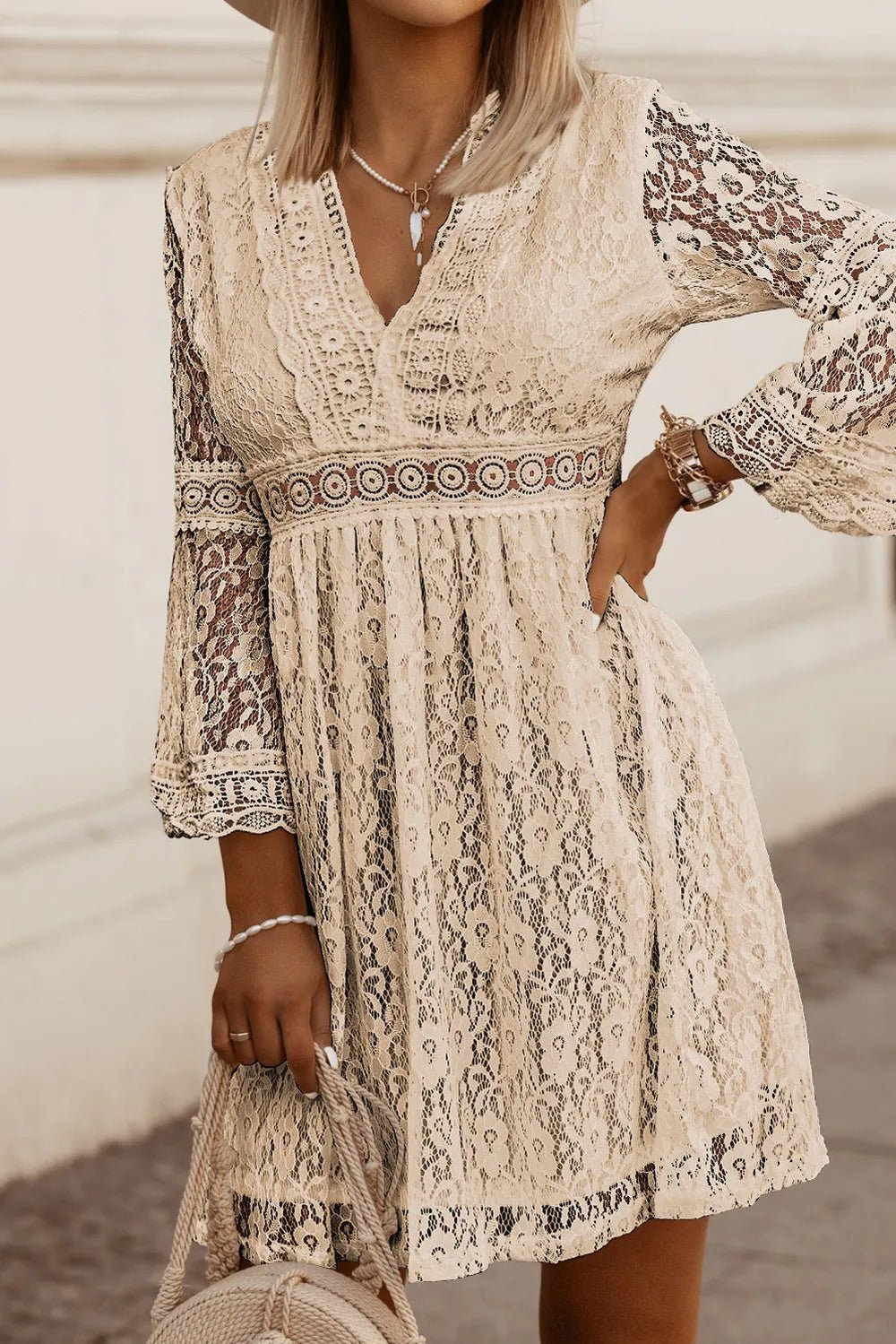 Lace V - Neck Three - Quarter Sleeve Dress