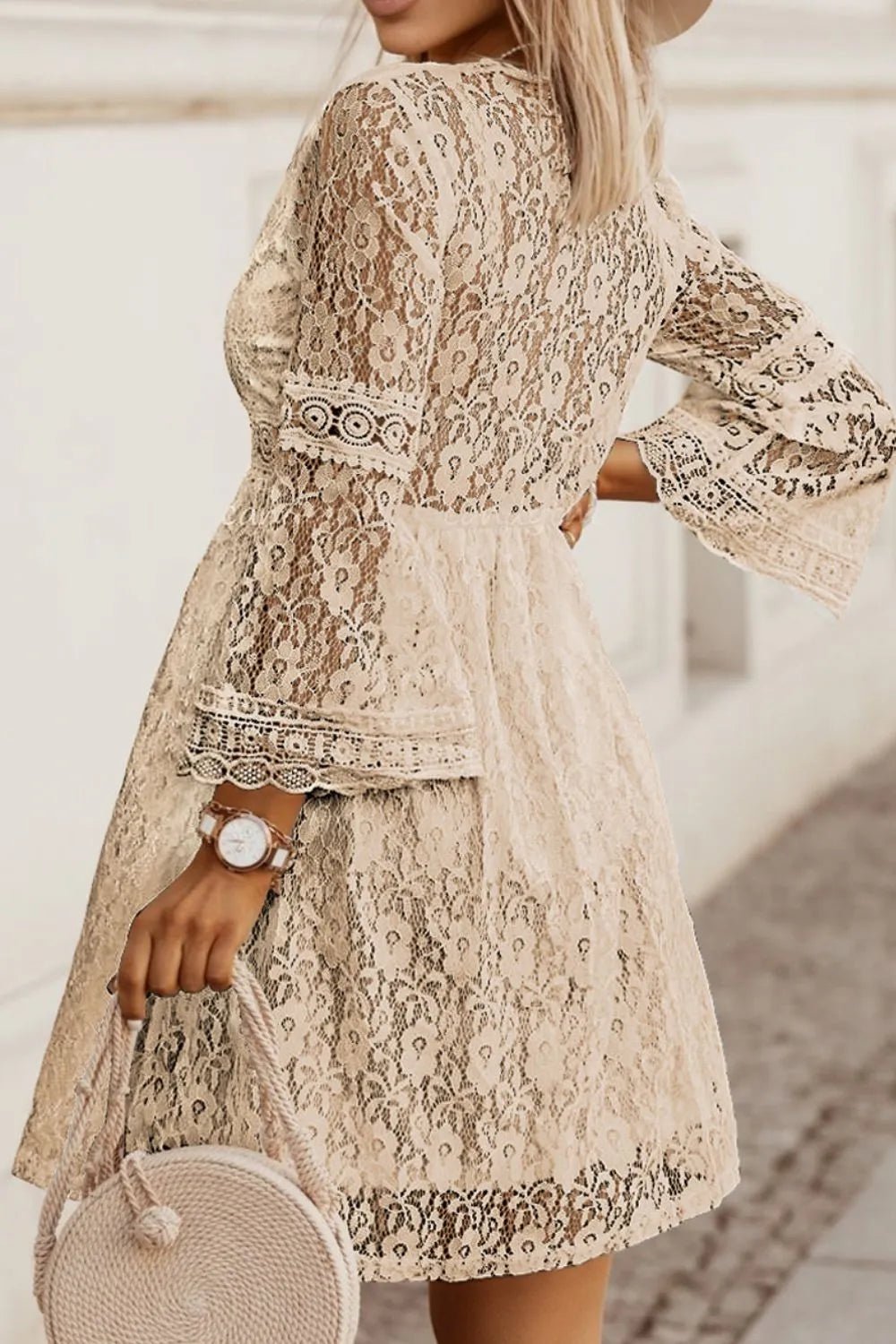 Lace V - Neck Three - Quarter Sleeve Dress