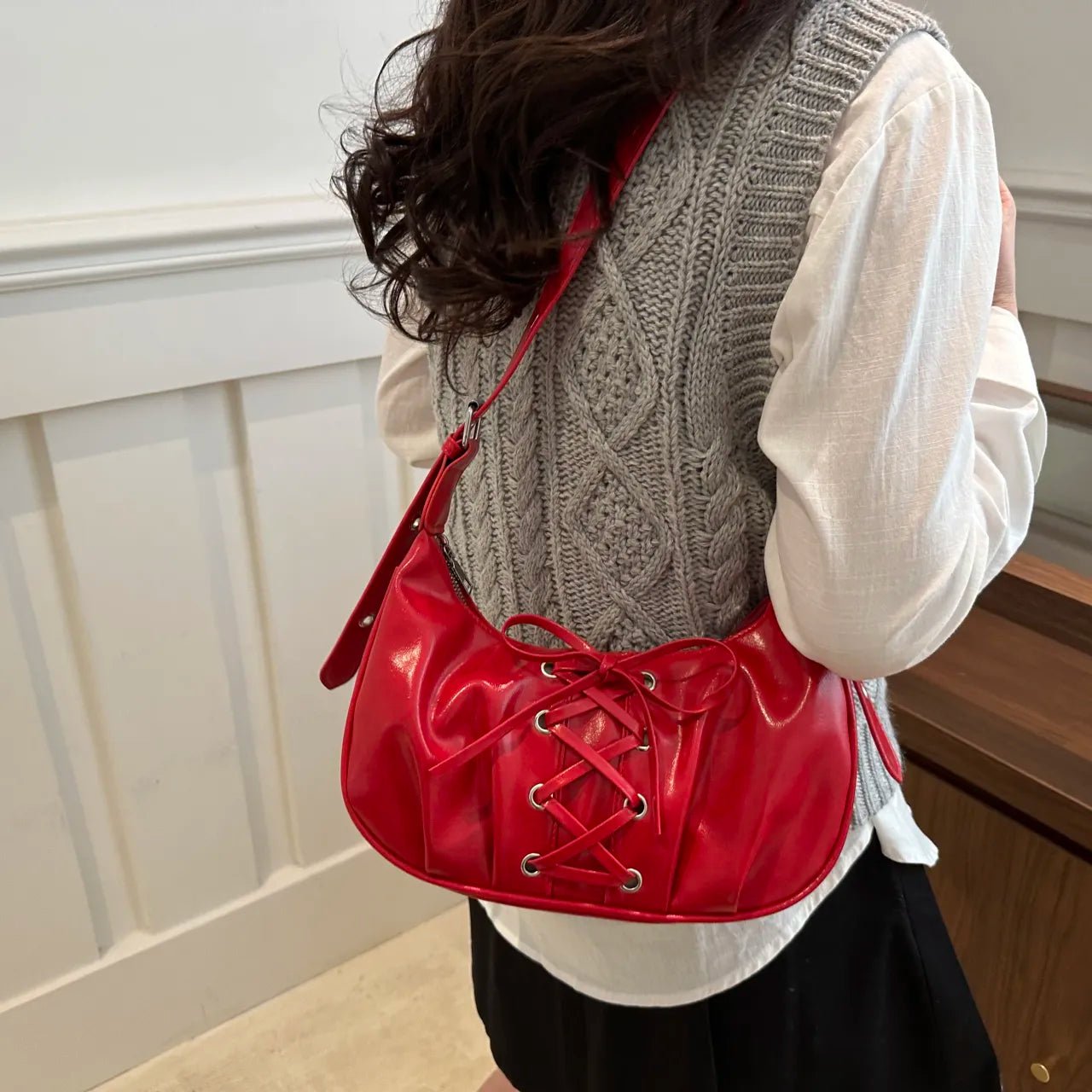 Leather Lace - Up Detail Shoulder BagBag