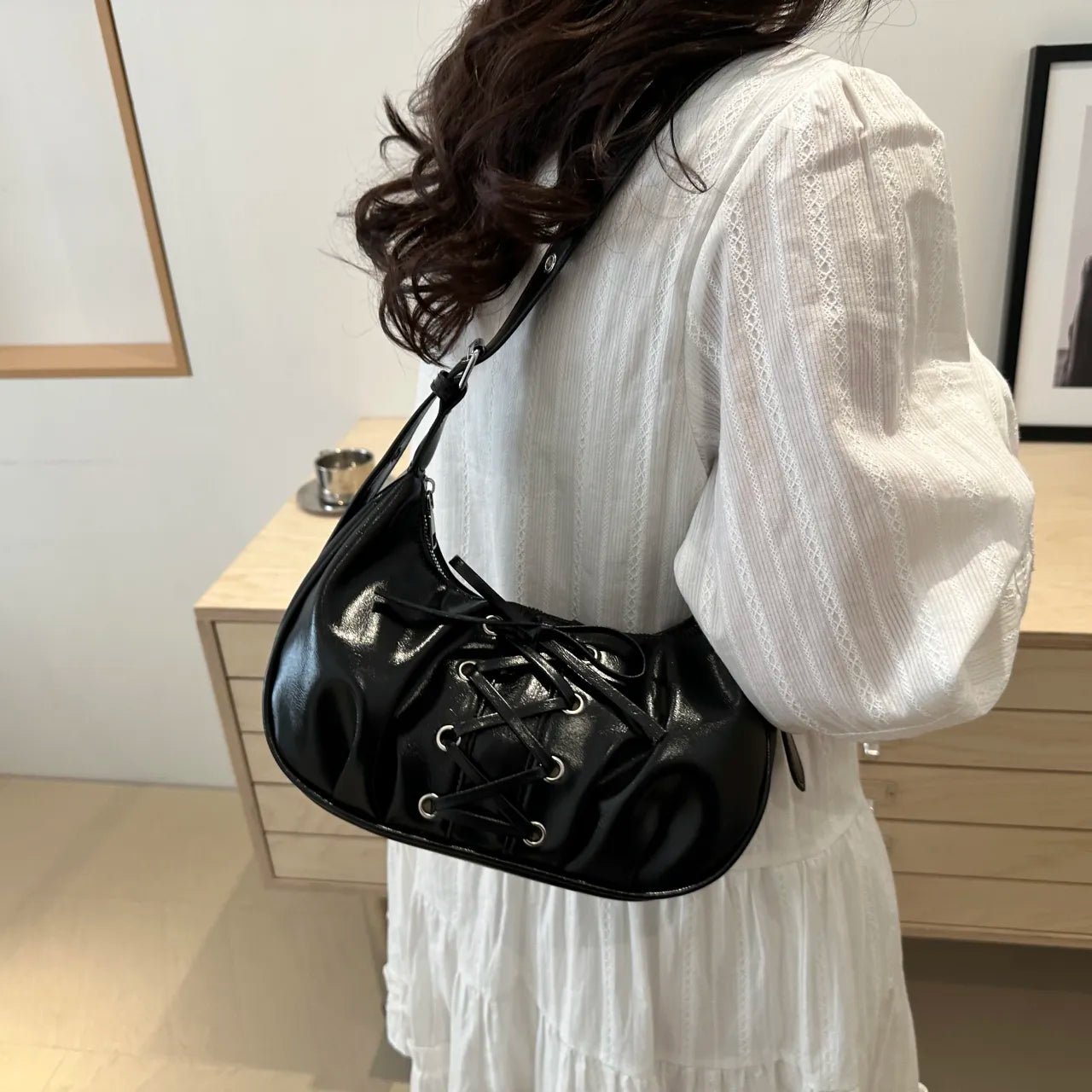 Leather Lace - Up Detail Shoulder BagBag