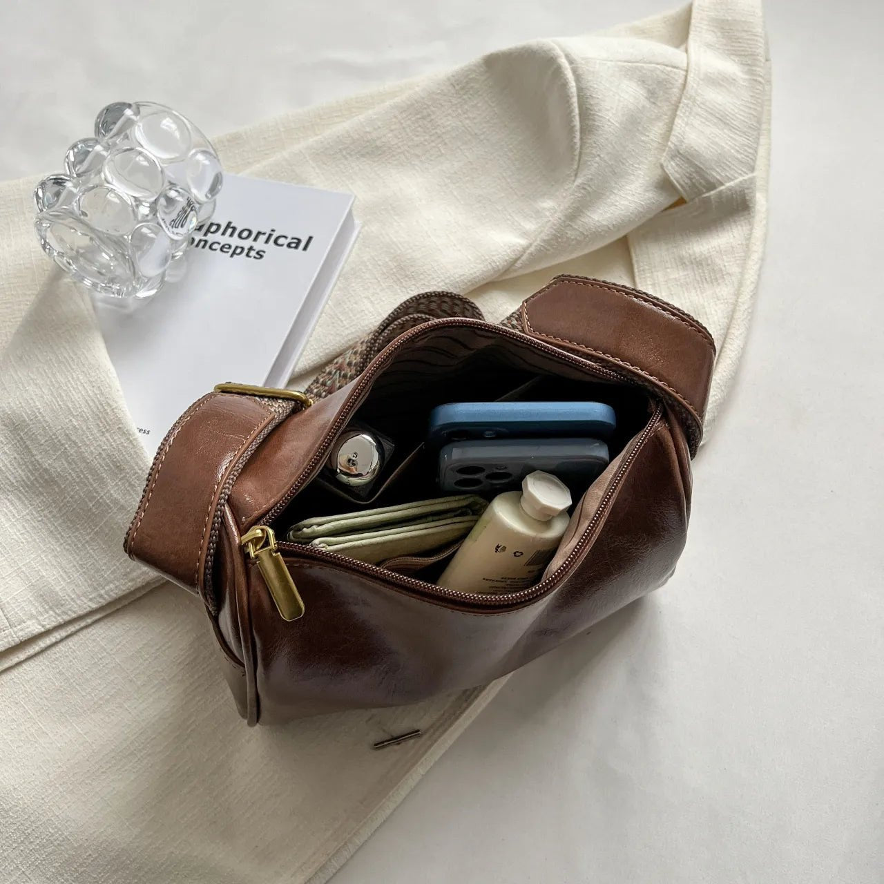 Leather Shoulder Bag with Woven StrapBag