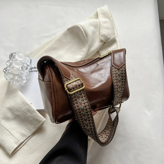 Leather Shoulder Bag with Woven StrapBag
