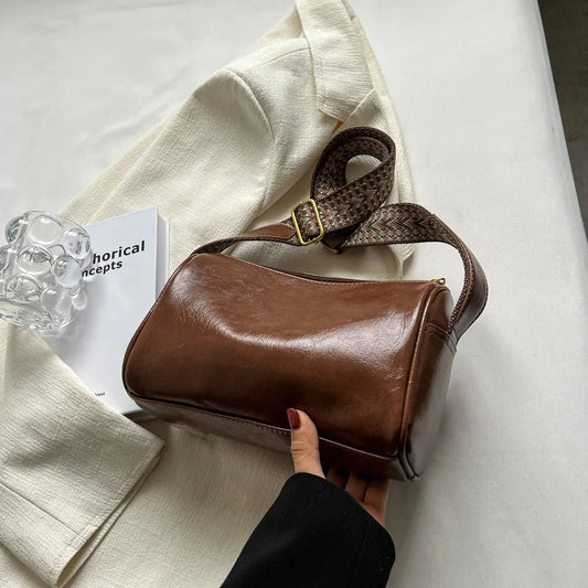 Leather Shoulder Bag with Woven StrapBag