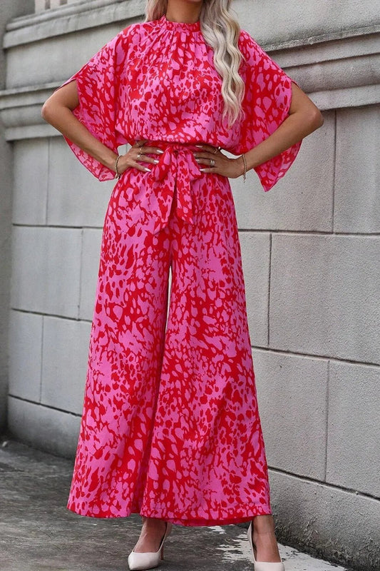 Leopard Belted Wide Leg Jumpsuit