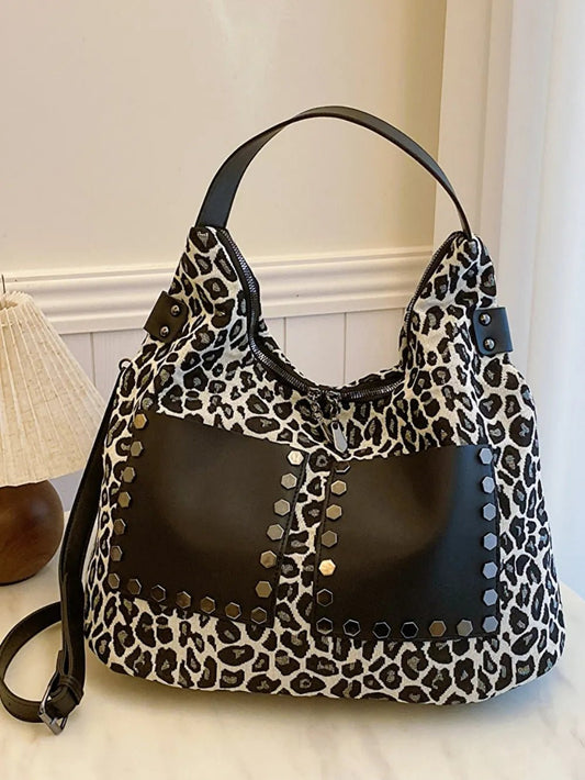 Leopard Polyester Shoulder Bag with ZippersBag