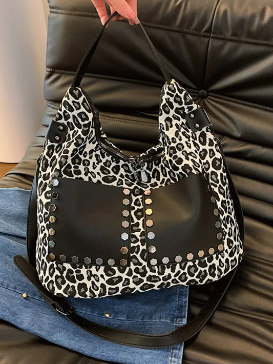 Leopard Polyester Shoulder Bag with ZippersBag