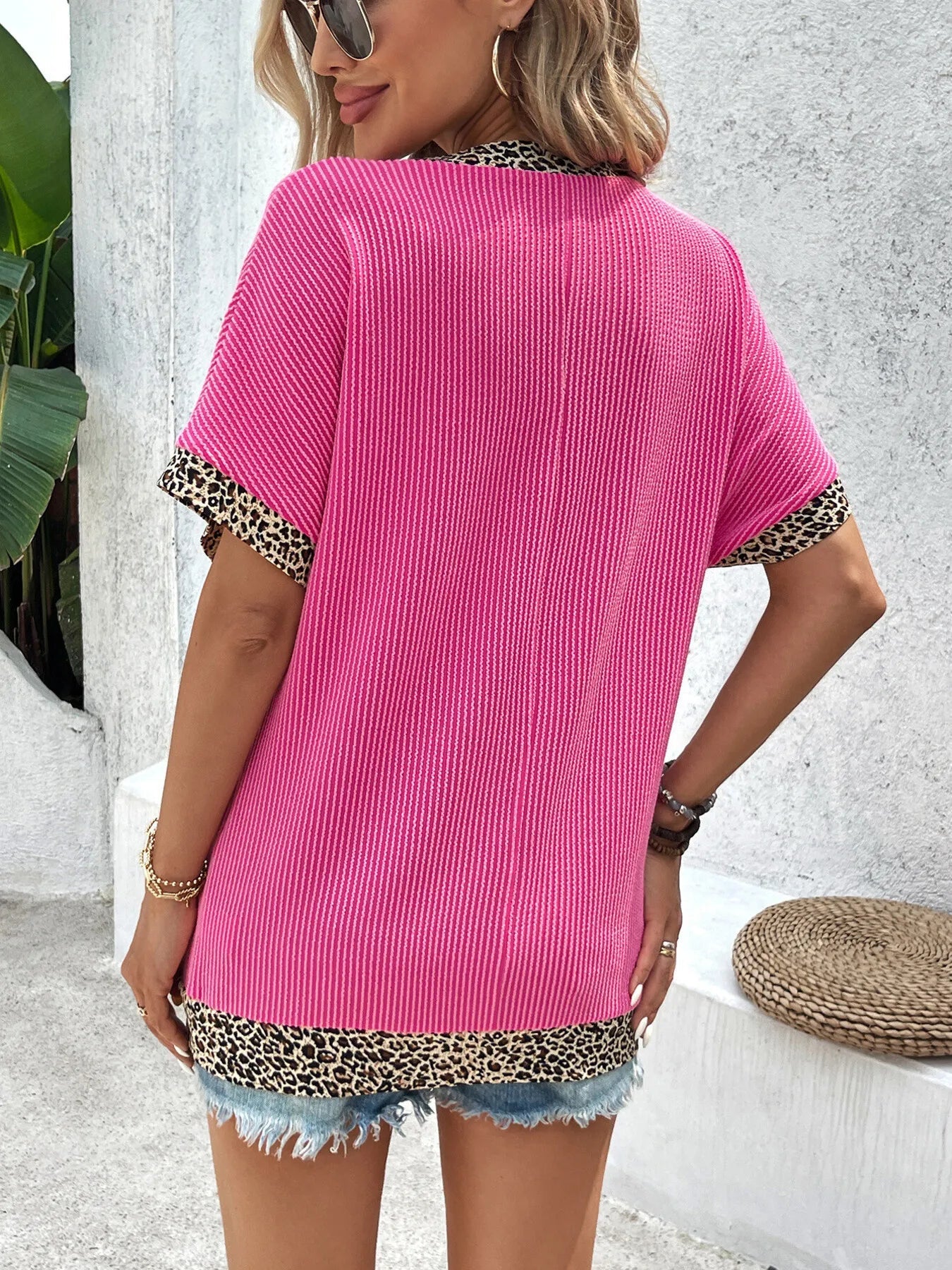 Leopard Trim Ribbed V - Neck T-Shirt