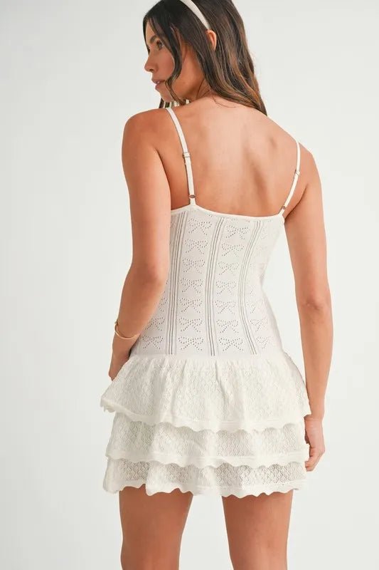 MABLE Bow Pointelle Knit Ruffle Mini Dress