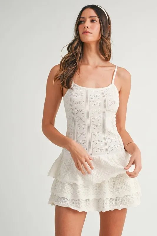 MABLE Bow Pointelle Knit Ruffle Mini Dress