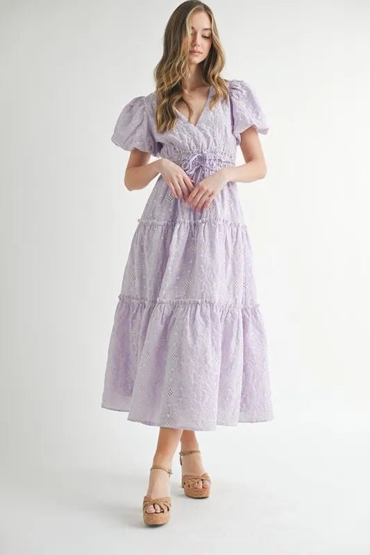 MABLE Eyelet Lace Puff Sleeve V Neck Midi Dress