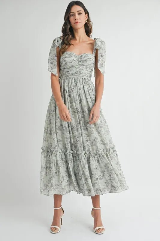 MABLE Floral Bust Ruched Midi Dress with Shoulder Tie