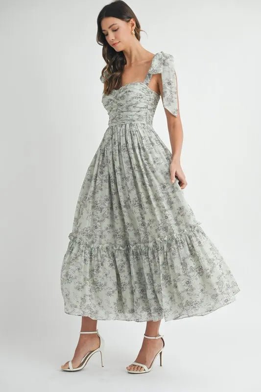 MABLE Floral Bust Ruched Midi Dress with Shoulder Tie