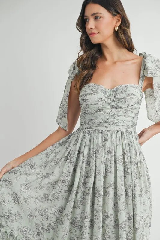 MABLE Floral Bust Ruched Midi Dress with Shoulder Tie