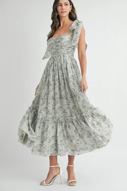 MABLE Floral Bust Ruched Midi Dress with Shoulder Tie