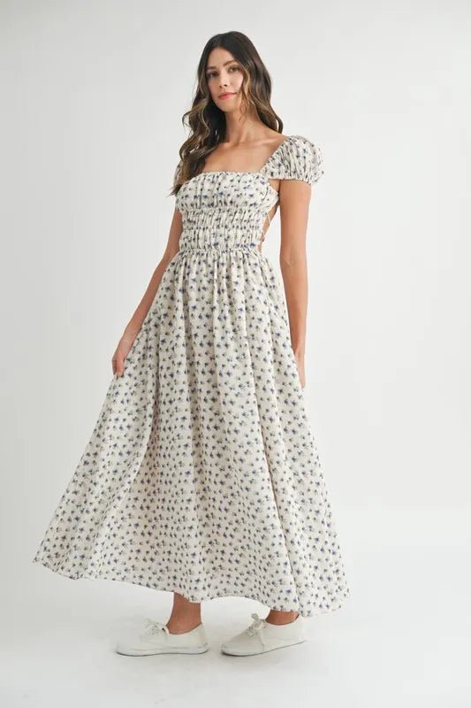 MABLE Floral Print Puff Sleeve Gathered Midi Dress